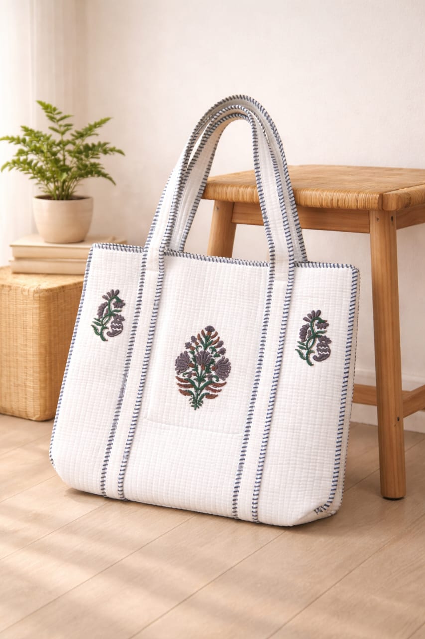 Pure cotton hand-block printed quilted tote bag (18x18 inches)