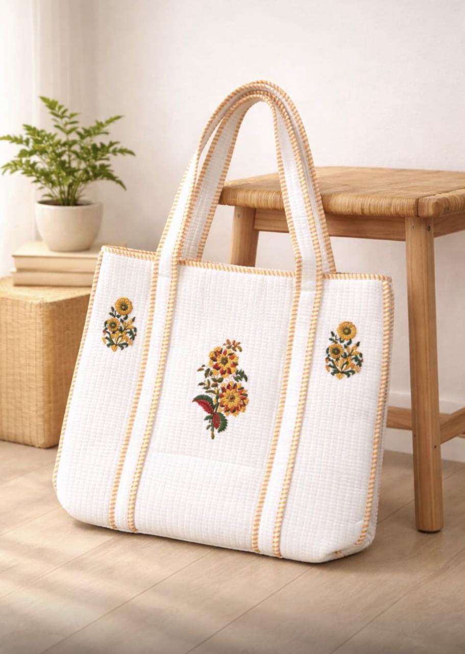 Pure cotton hand-block printed quilted tote bag (18x18 inches)
