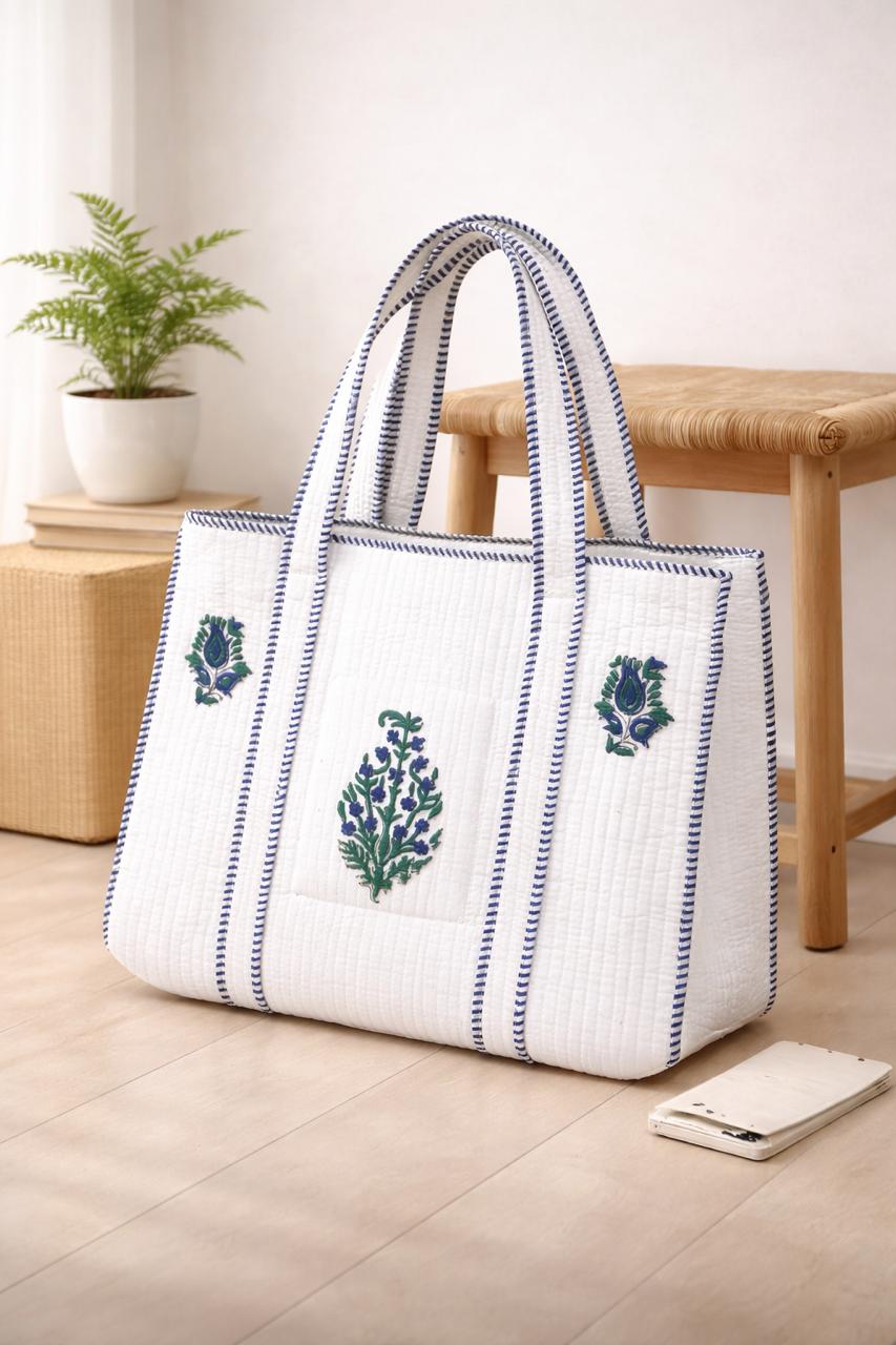 Pure cotton hand-block printed quilted tote bag (18x18 inches)