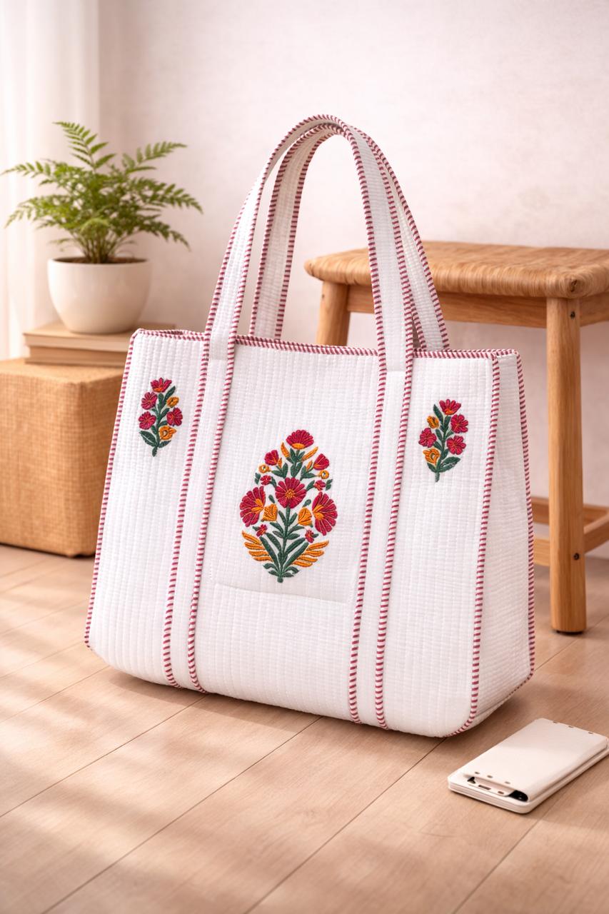 Pure cotton hand-block printed quilted tote bag (18x18 inches)