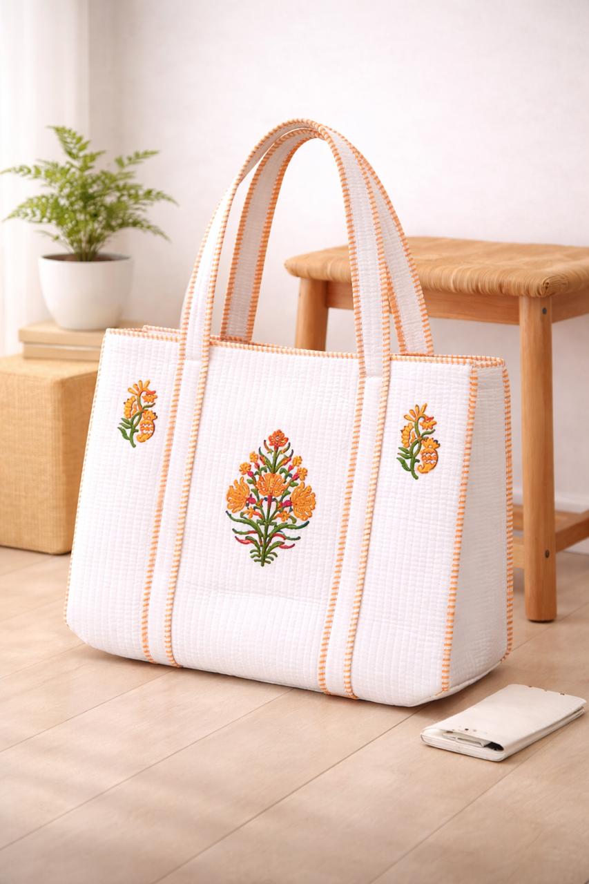 Pure cotton hand-block printed quilted tote bag (18x18 inches)
