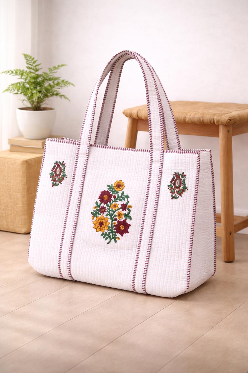 Pure cotton hand-block printed quilted tote bag (18x18 inches)