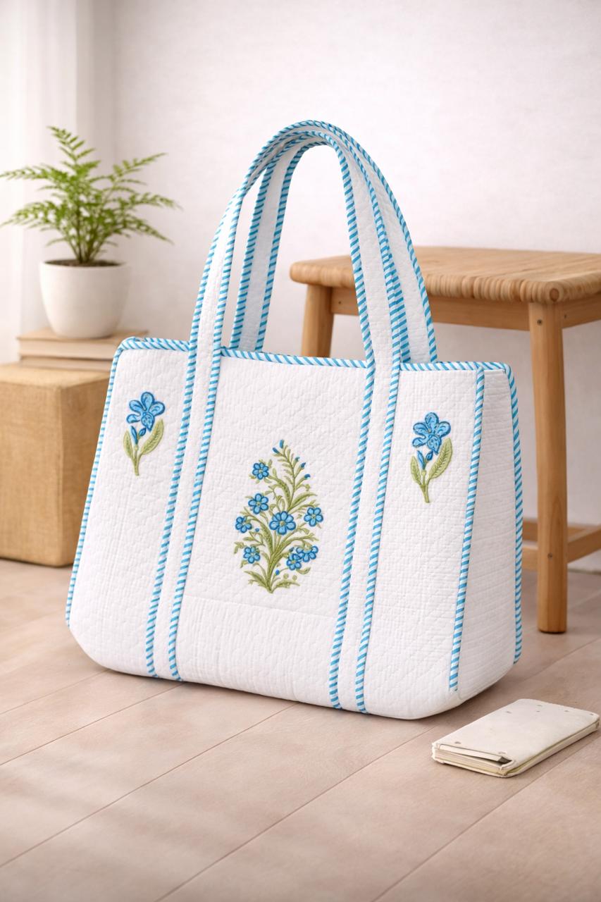 Pure cotton hand-block printed quilted tote bag (18x18 inches)