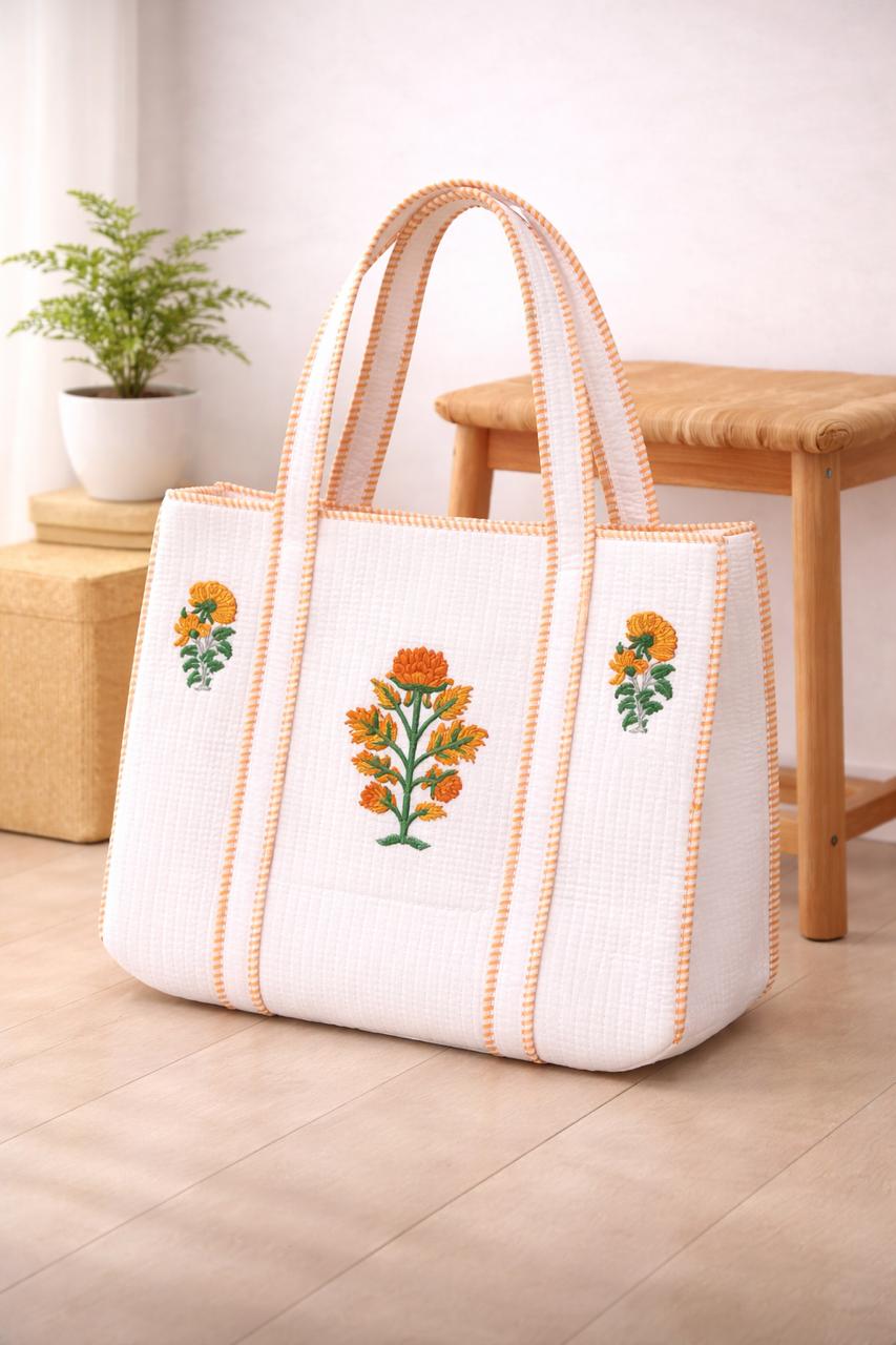 Pure cotton hand-block printed quilted tote bag (18x18 inches)
