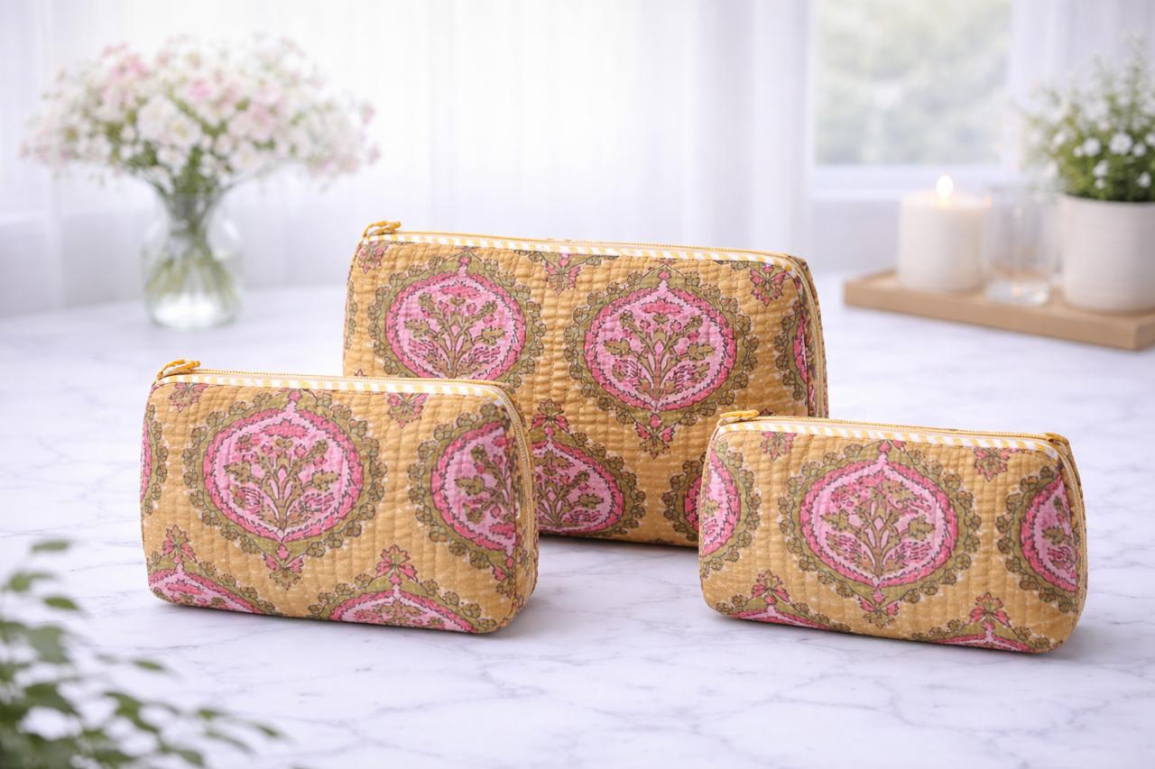 Pure cotton quilted travel / utility pouches (set of 3)