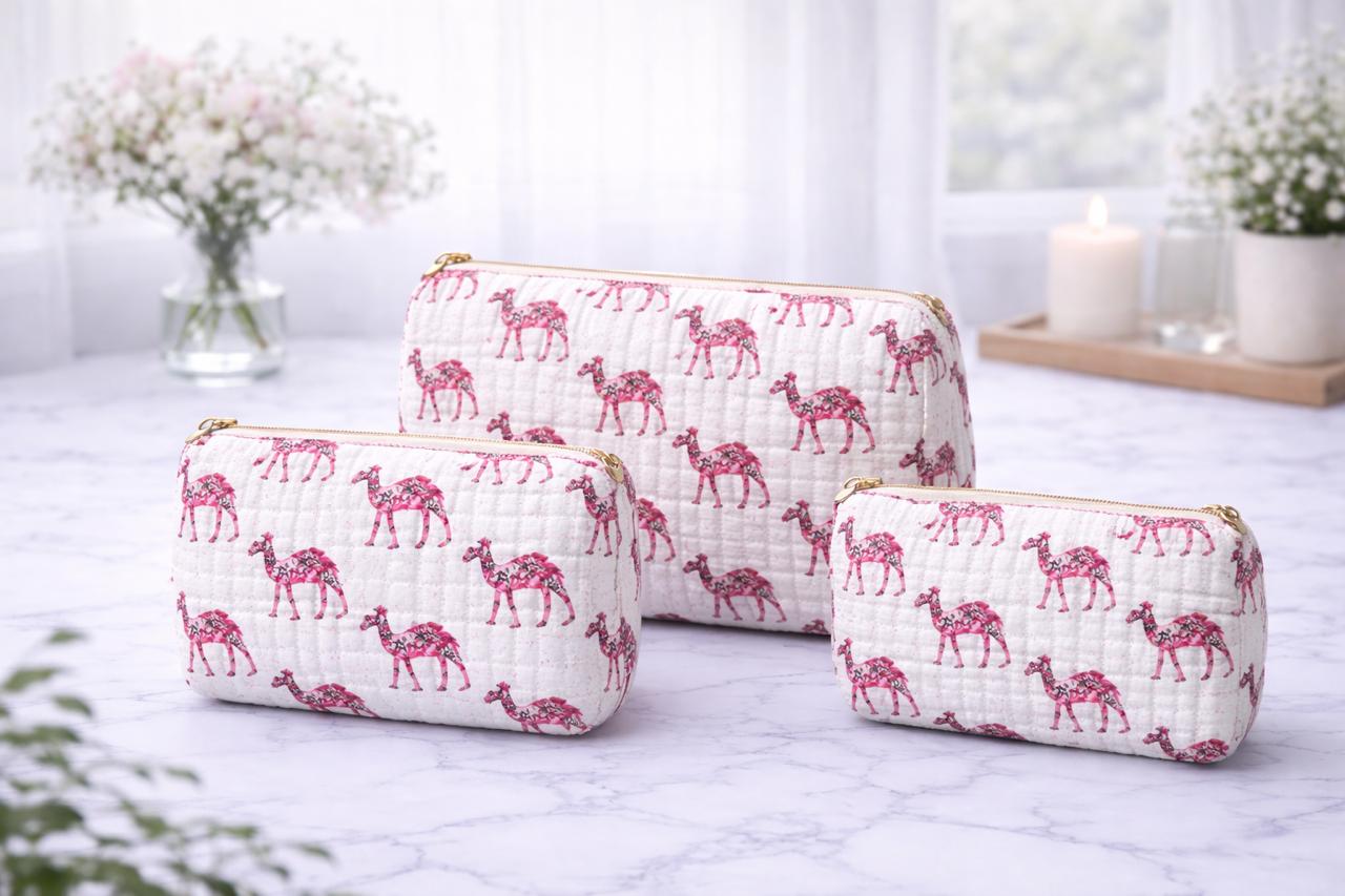 Pure cotton quilted travel / utility pouches (set of 3)
