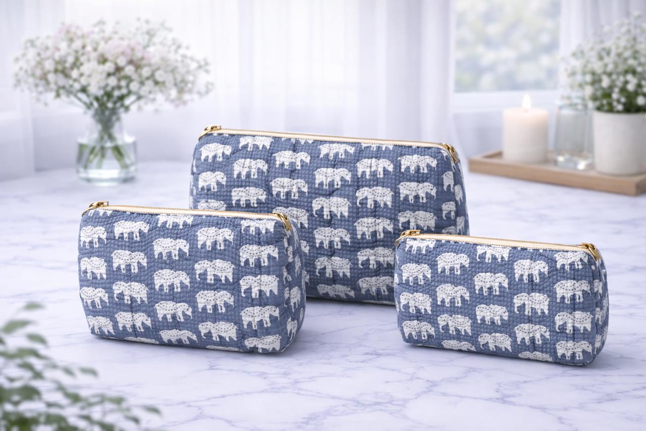 Pure cotton quilted travel / utility pouches (set of 3)