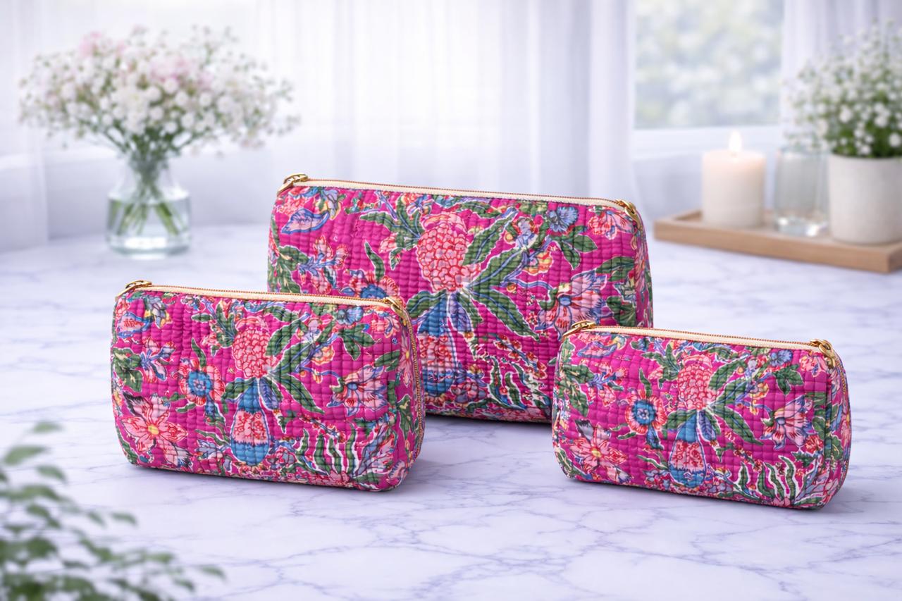 Pure cotton quilted travel / utility pouches (set of 3)
