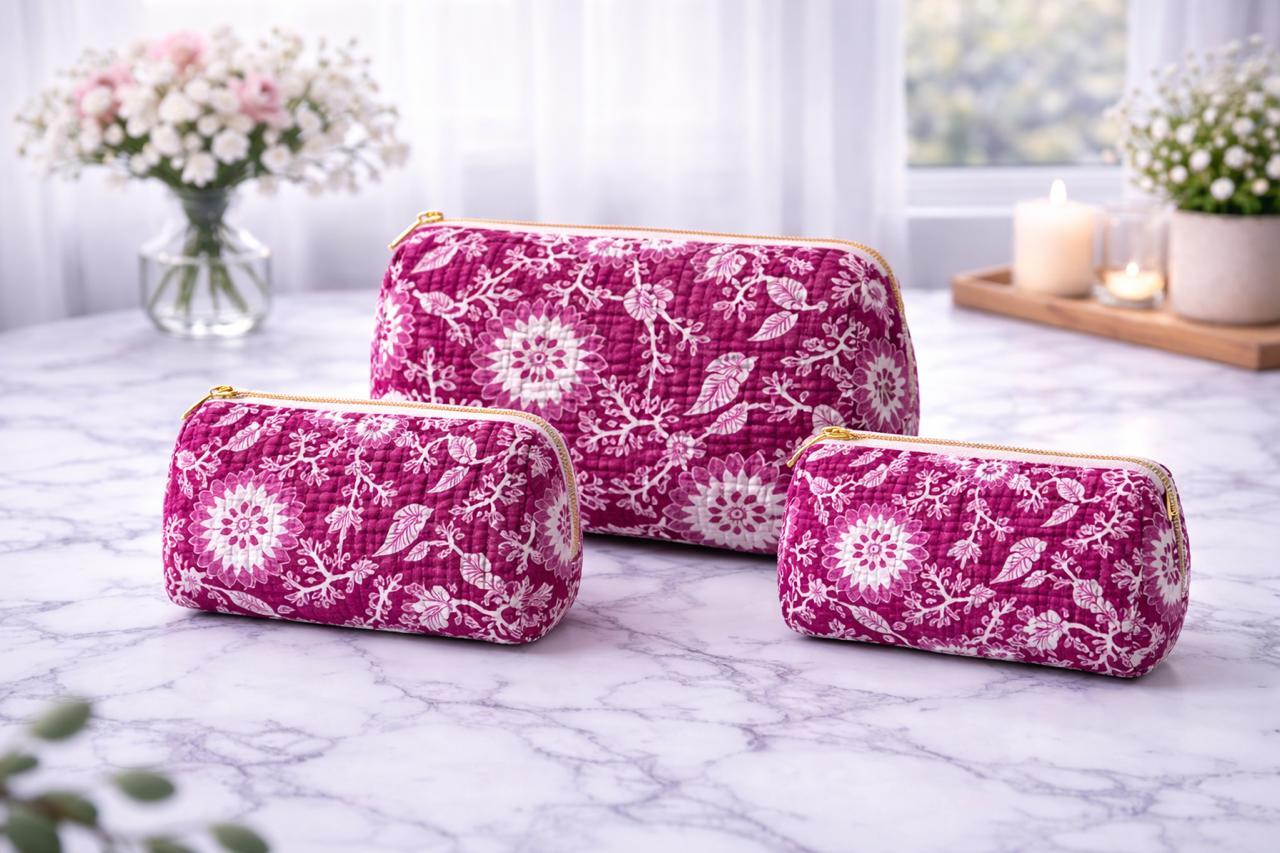 Pure cotton quilted travel / utility pouches (set of 3)