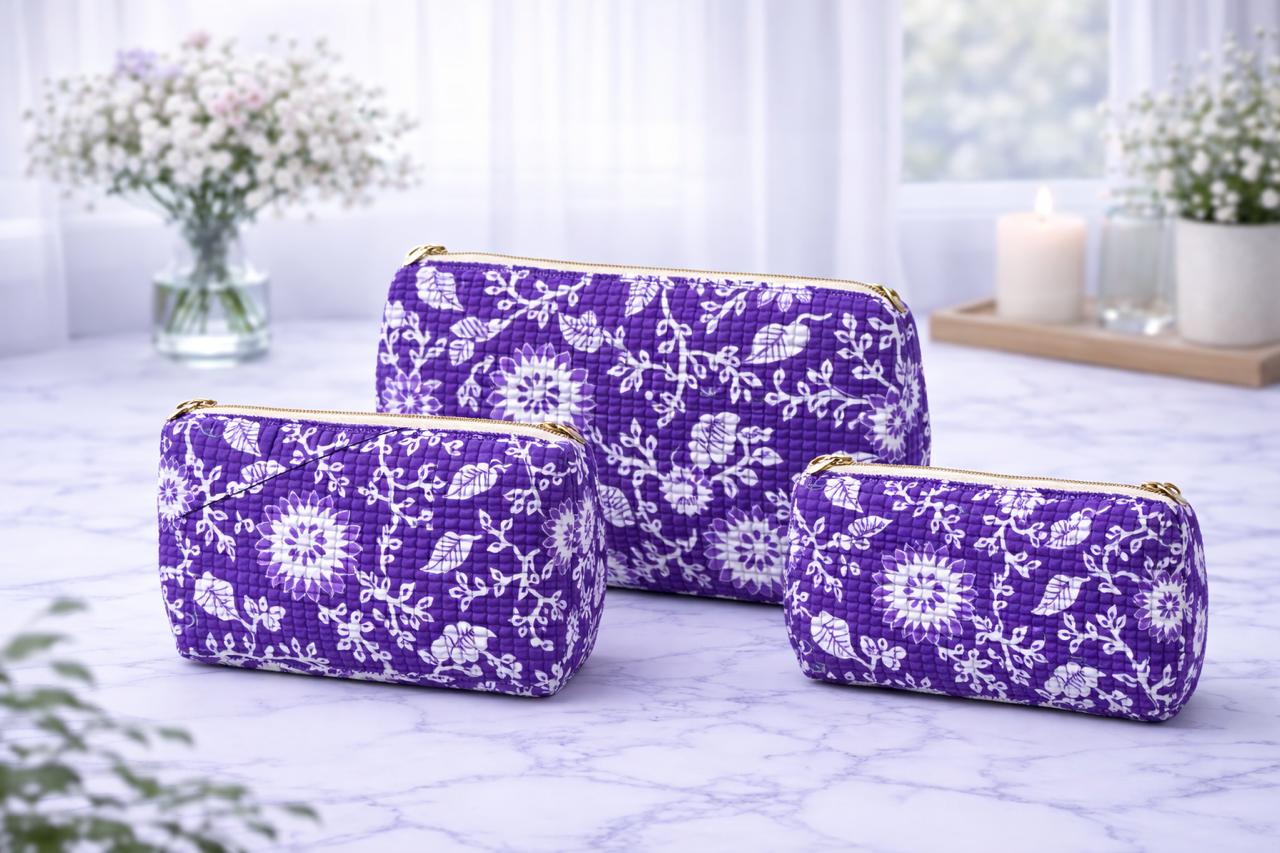 Pure cotton quilted travel / utility pouches (set of 3)