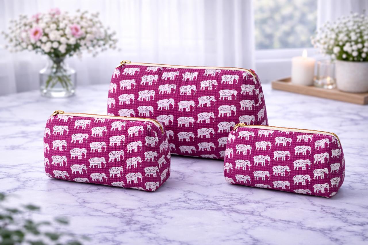 Pure cotton quilted travel / utility pouches (set of 3)