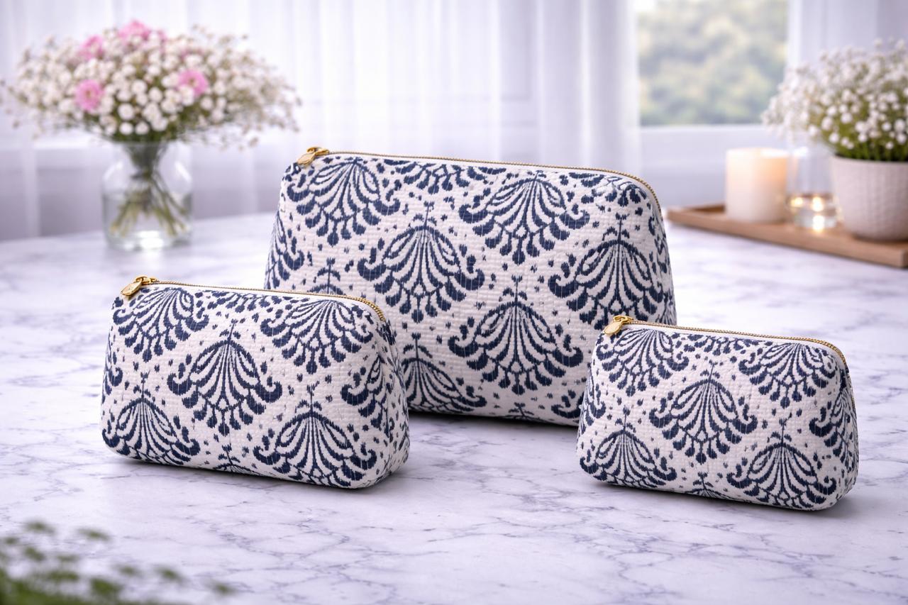 Pure cotton quilted travel / utility pouches (set of 3)