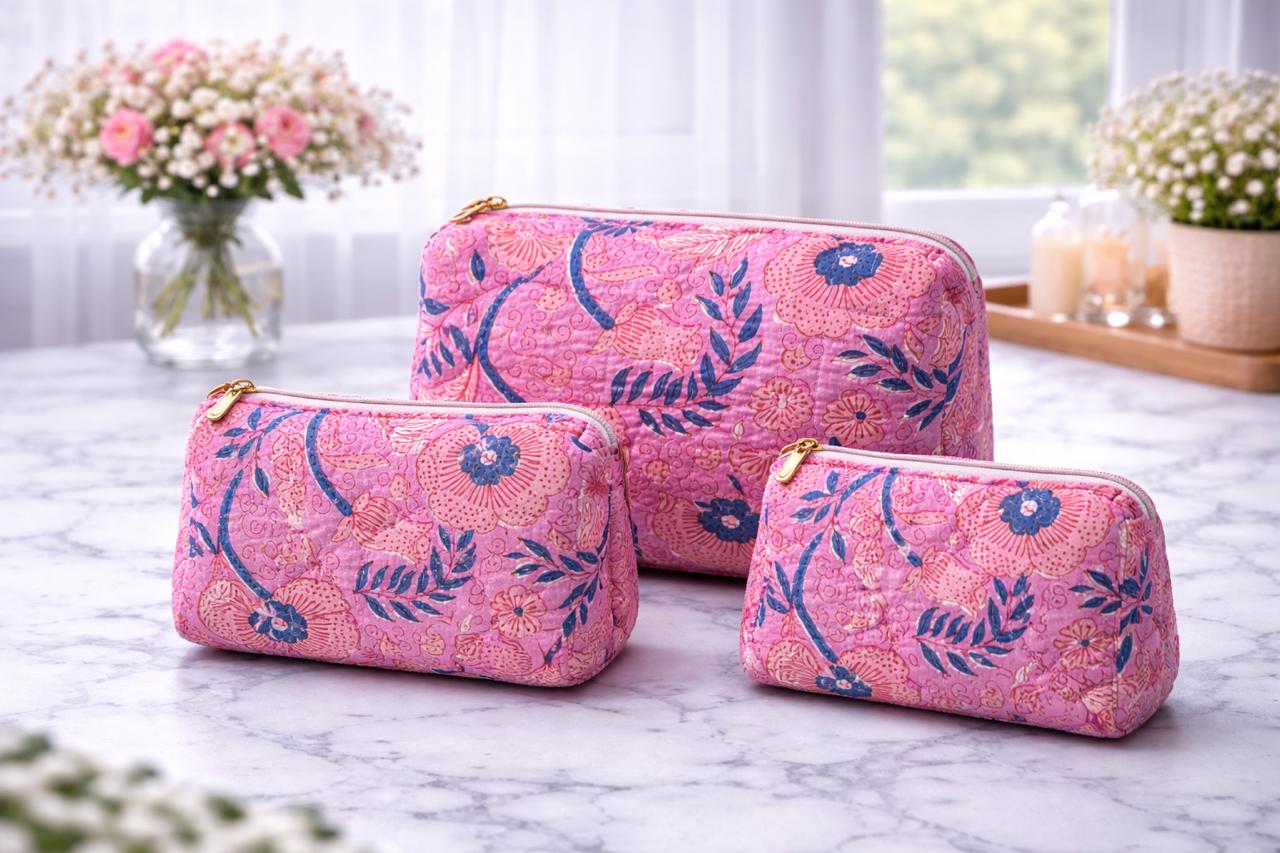 Pure cotton quilted travel / utility pouches (set of 3)