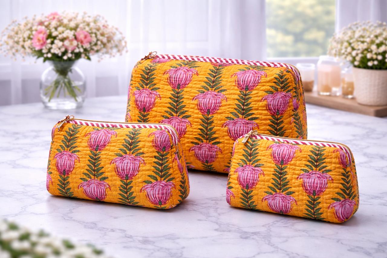 Pure cotton quilted travel / utility pouches (set of 3)