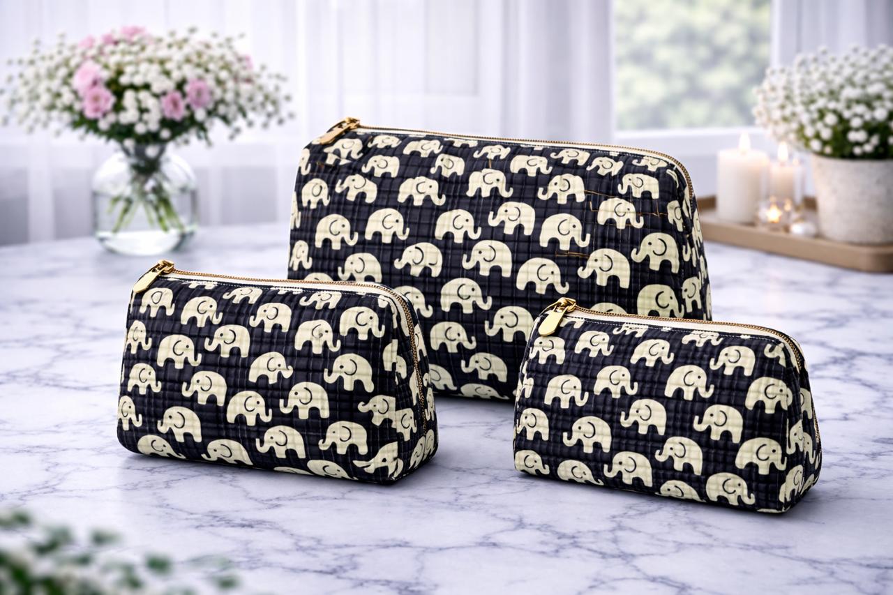 Pure cotton quilted travel / utility pouches (set of 3)