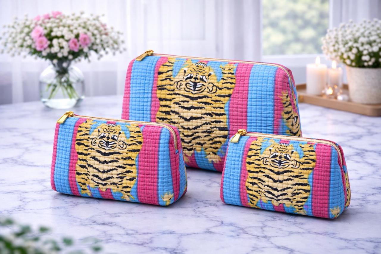 Pure cotton quilted travel / utility pouches (set of 3)