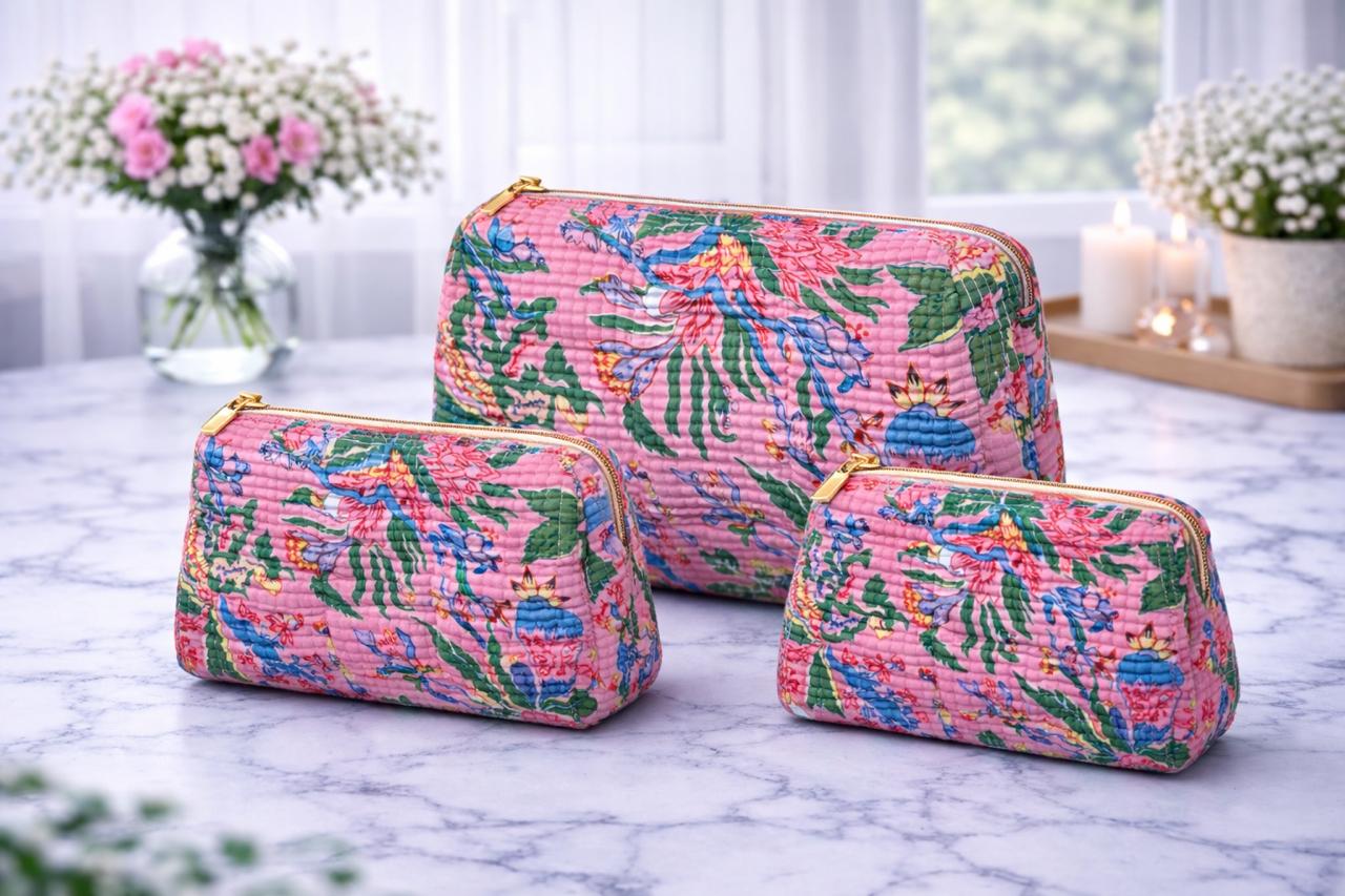 Pure cotton quilted travel / utility pouches (set of 3)