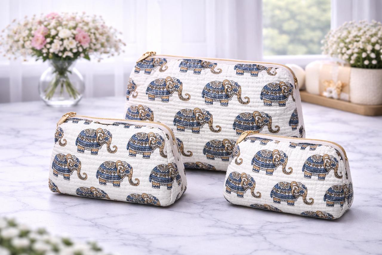 Pure cotton quilted travel / utility pouches (set of 3)