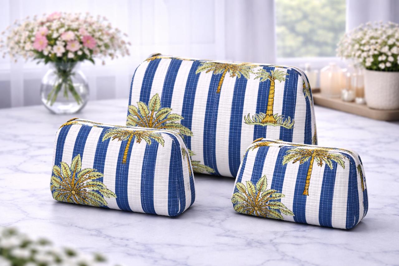 Pure cotton quilted travel / utility pouches (set of 3)