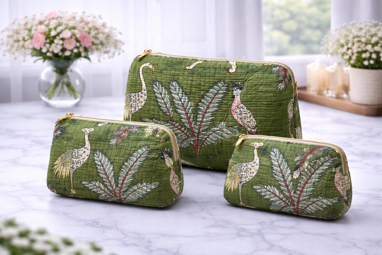 Pure cotton quilted travel / utility pouches (set of 3)