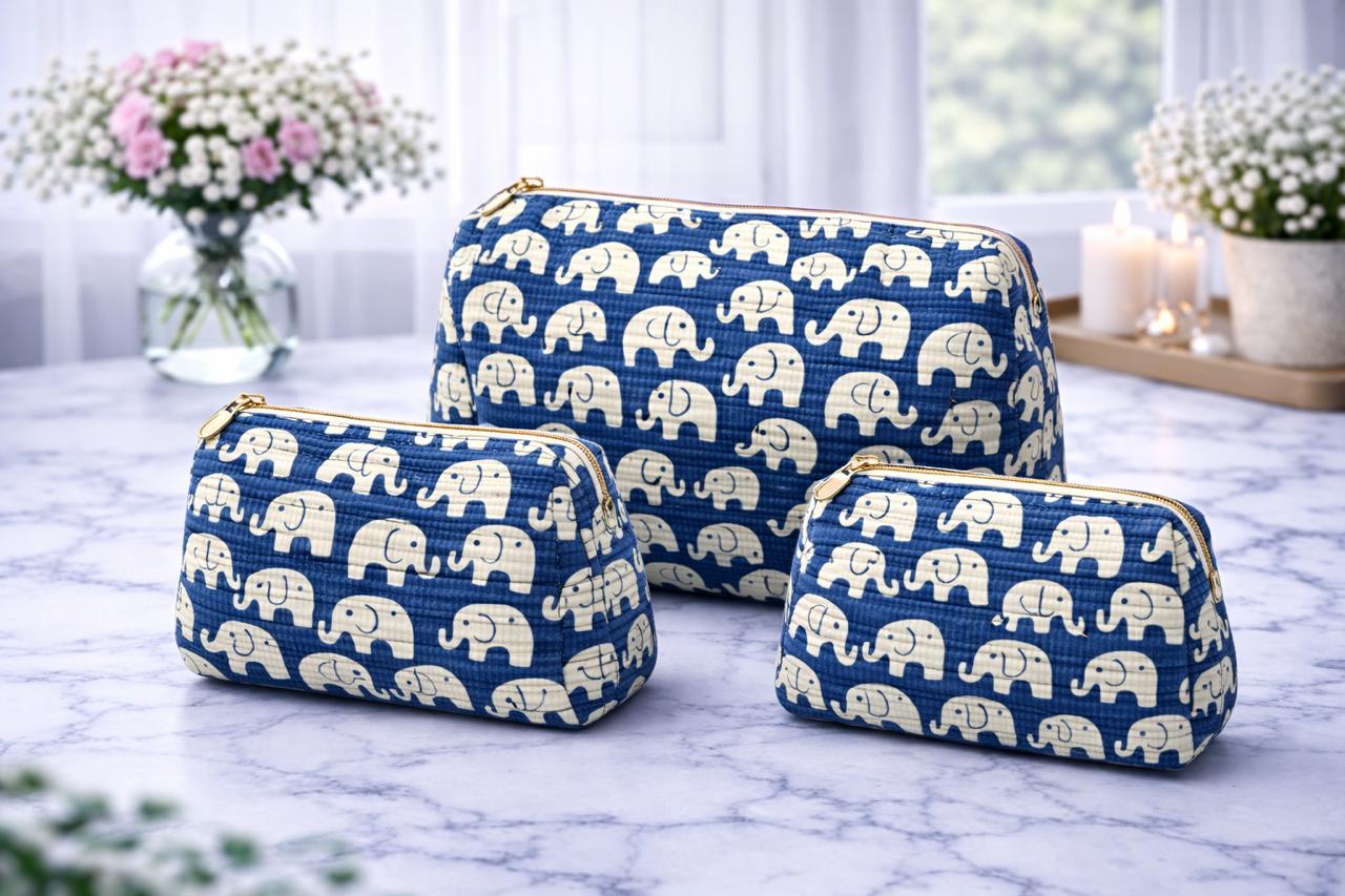 Pure cotton quilted travel / utility pouches (set of 3)