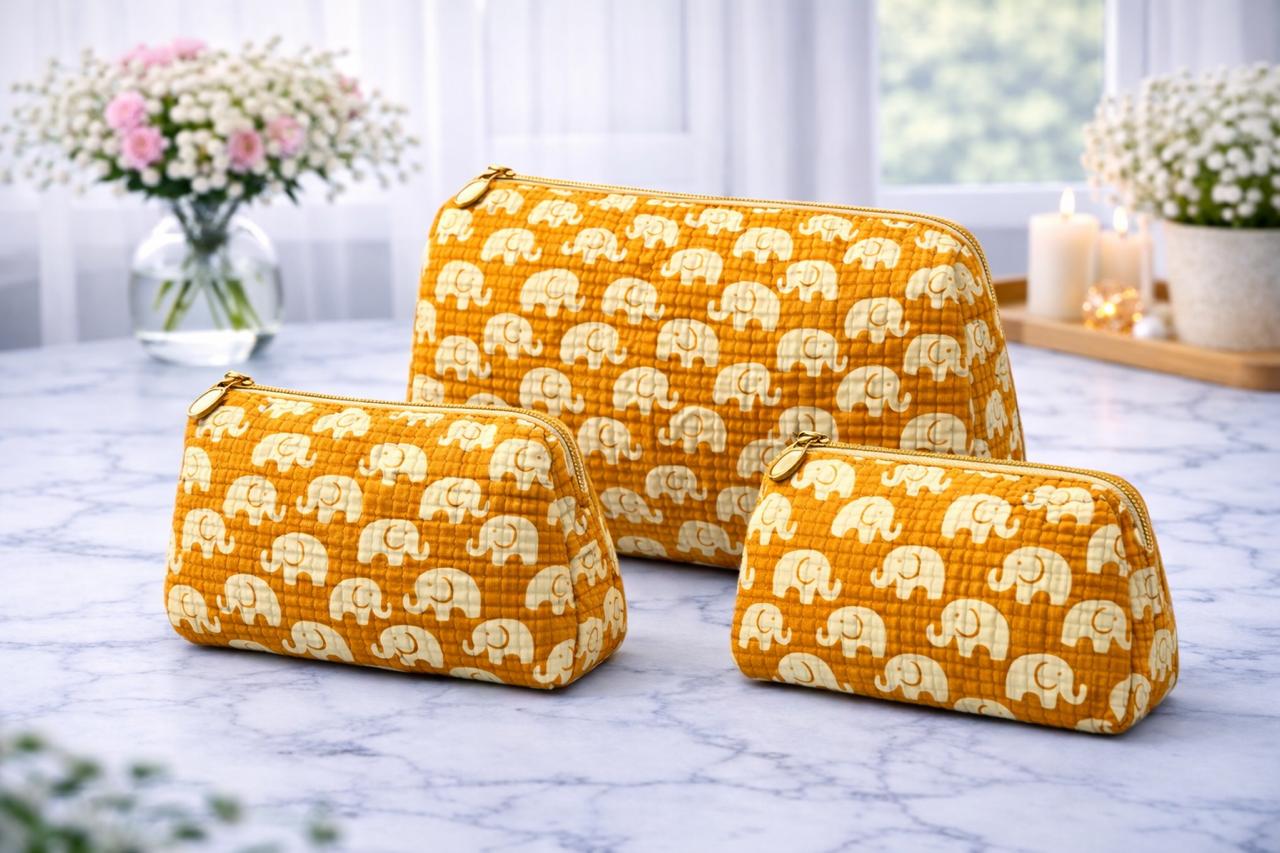 Pure cotton quilted travel / utility pouches (set of 3)
