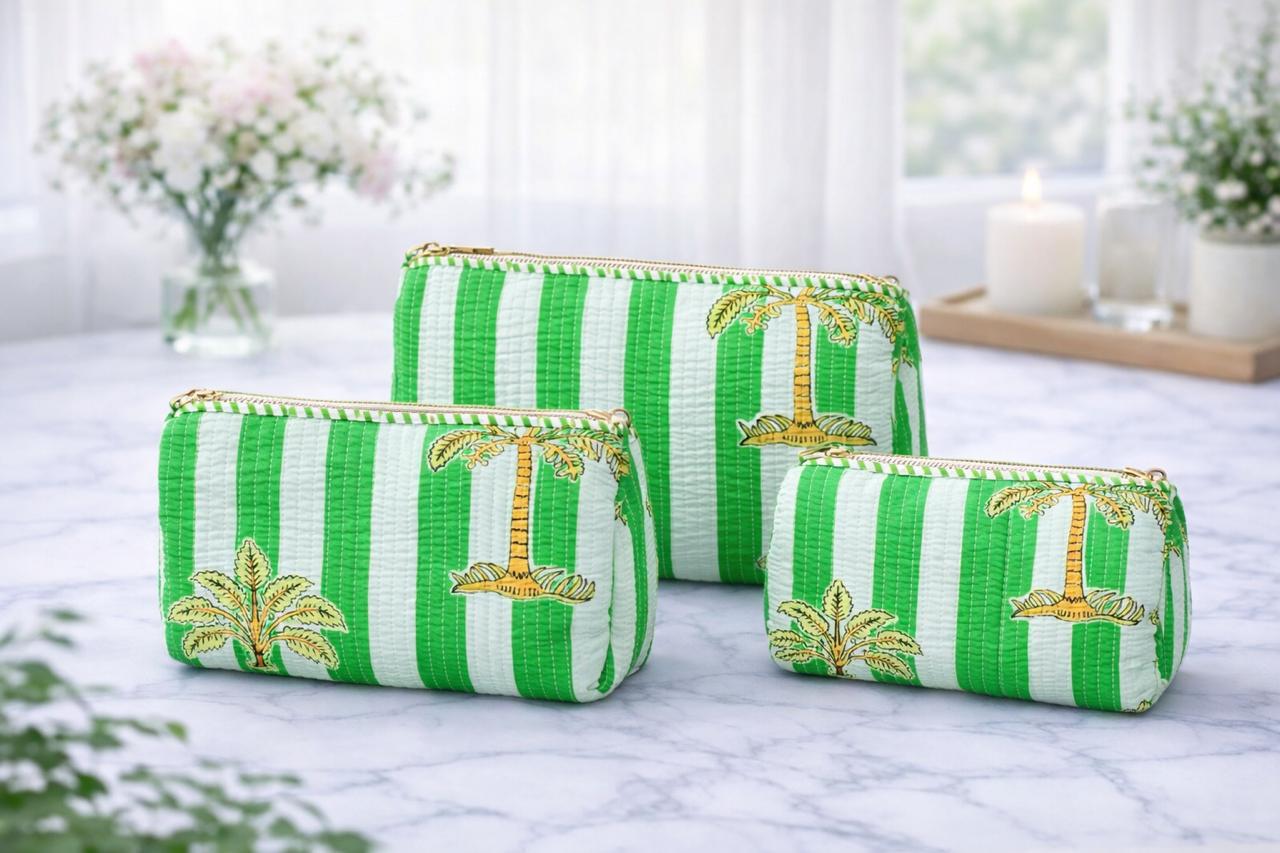 Pure cotton quilted travel / utility pouches (set of 3)