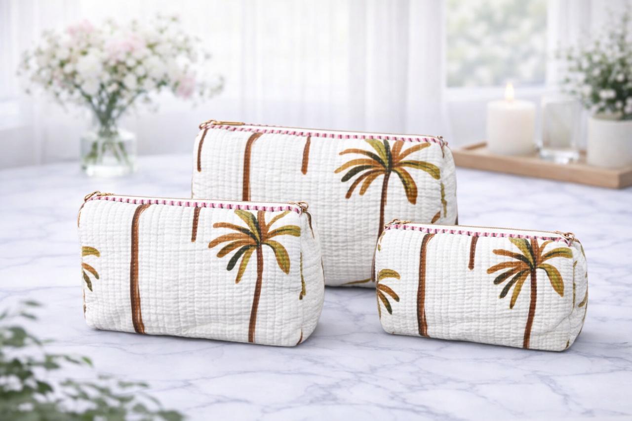 Pure cotton quilted travel / utility pouches (set of 3)