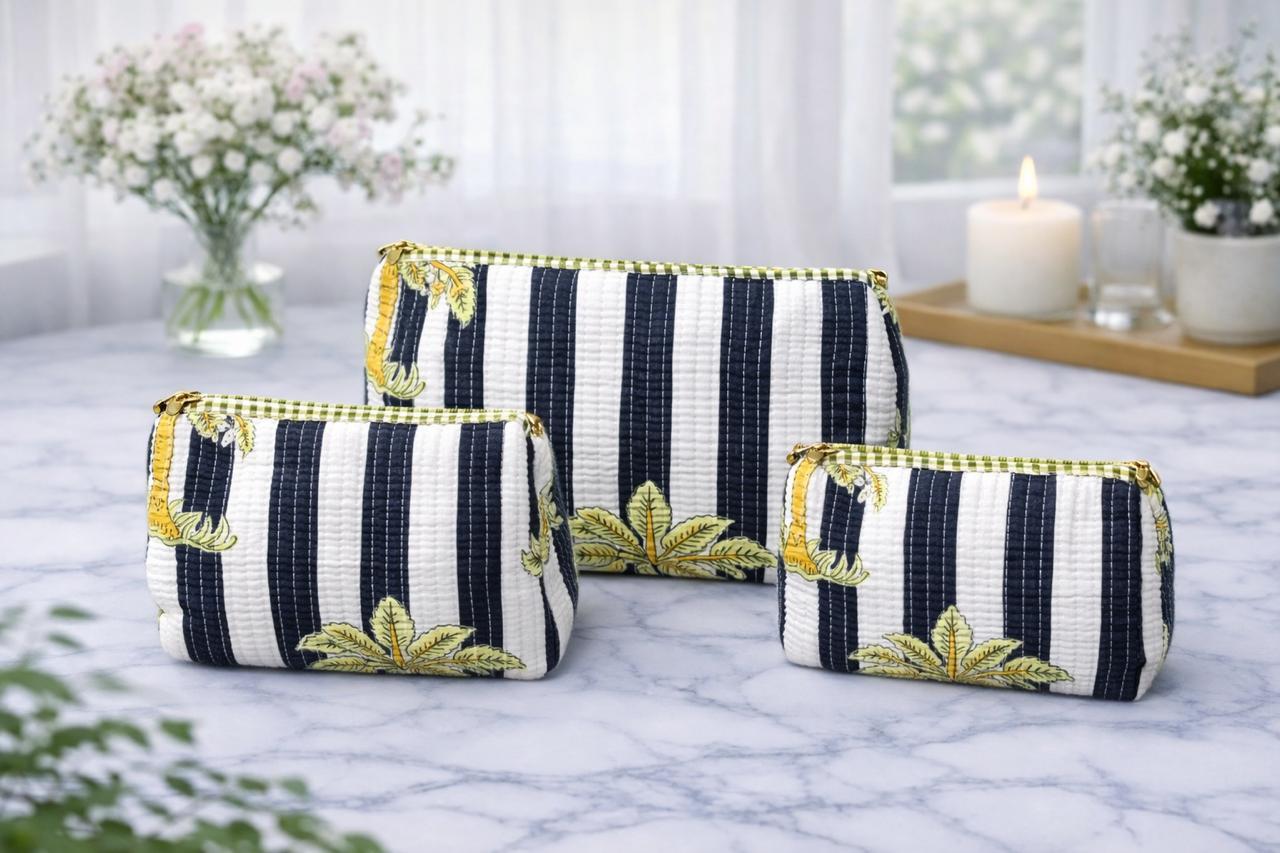 Pure cotton quilted travel / utility pouches (set of 3)