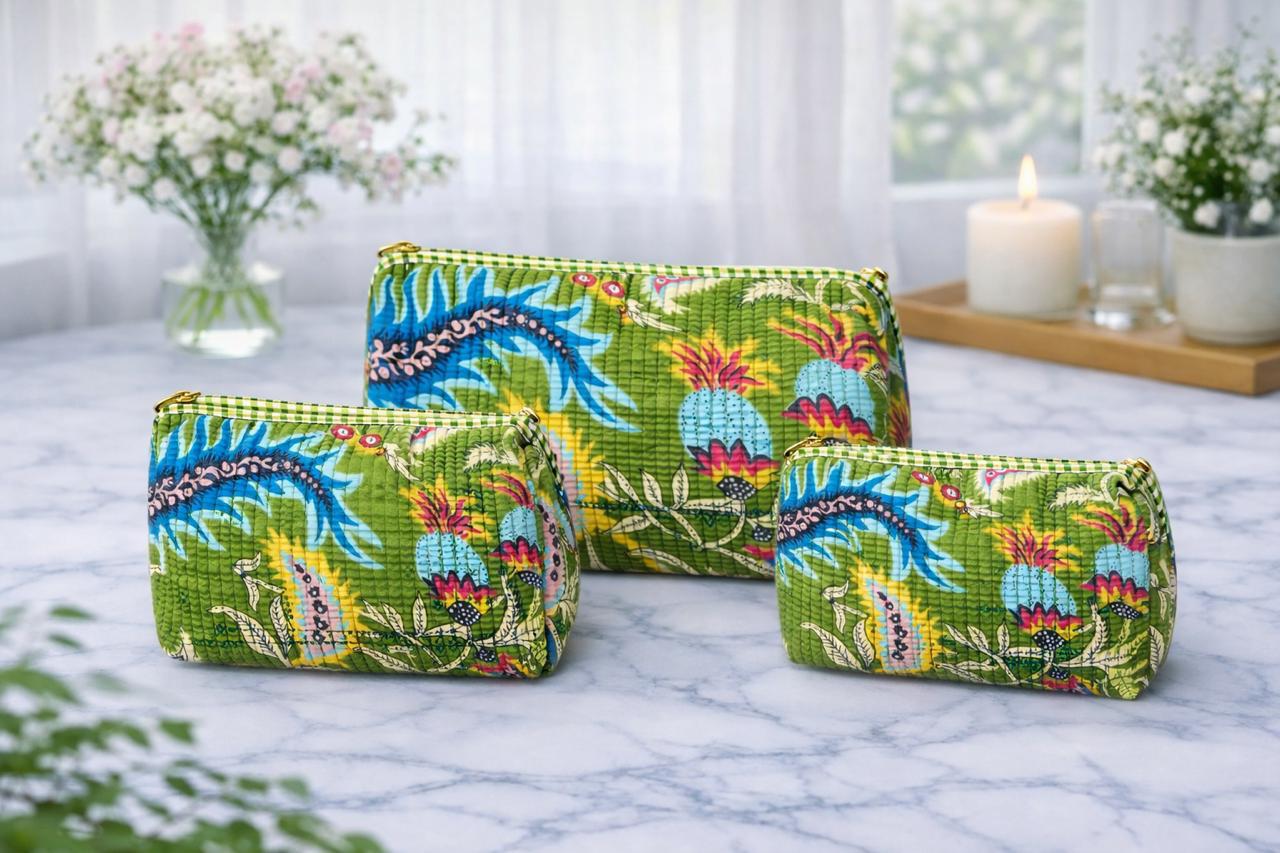 Pure cotton quilted travel / utility pouches (set of 3)