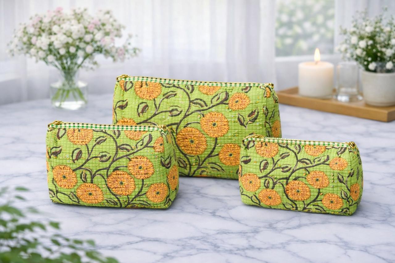 Pure cotton quilted travel / utility pouches (set of 3)