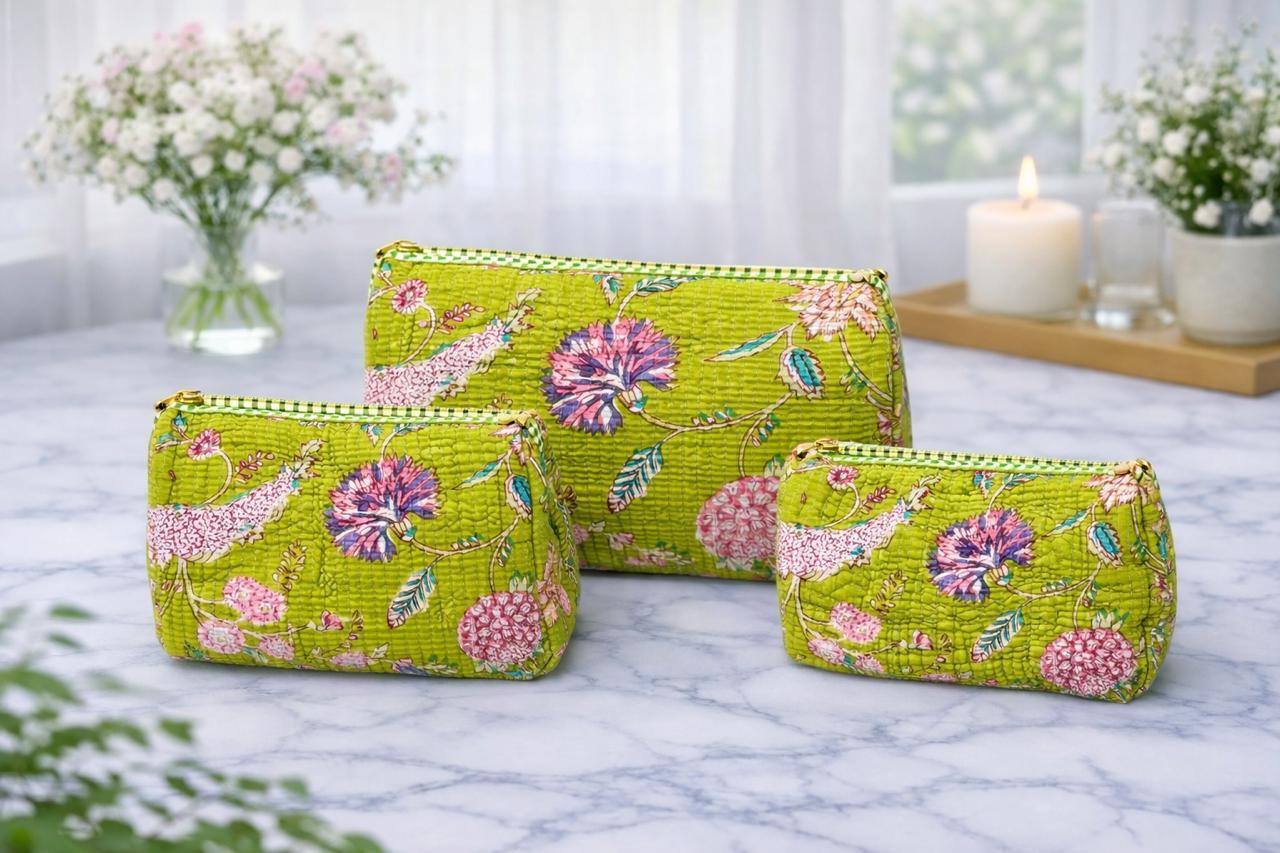 Pure cotton quilted travel / utility pouches (set of 3)