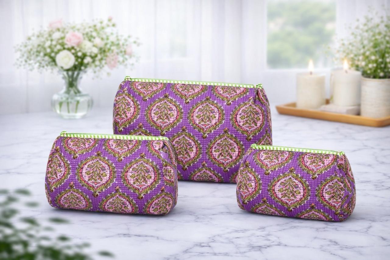Pure cotton quilted travel / utility pouches (set of 3)