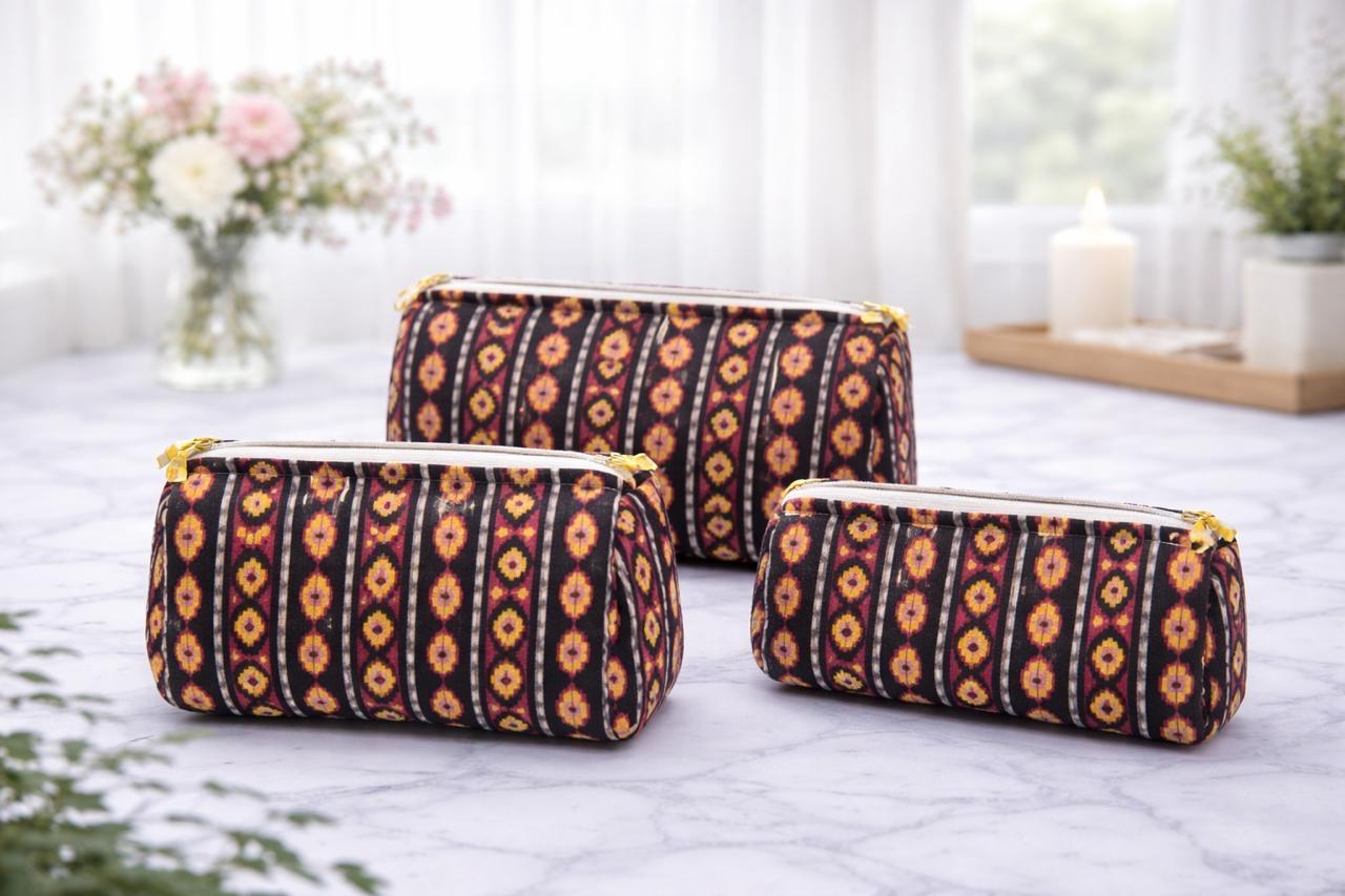 Pure cotton quilted travel / utility pouches (set of 3)
