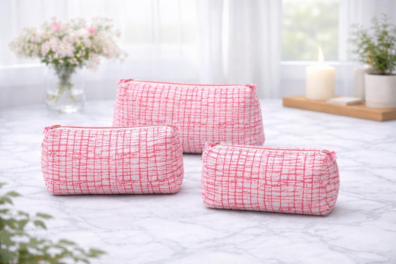 Pure cotton quilted travel / utility pouches (set of 3)