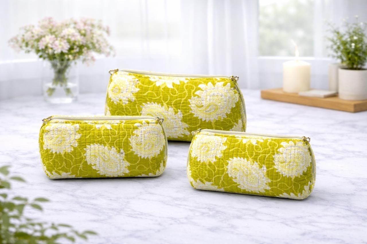 Pure cotton quilted travel / utility pouches (set of 3)