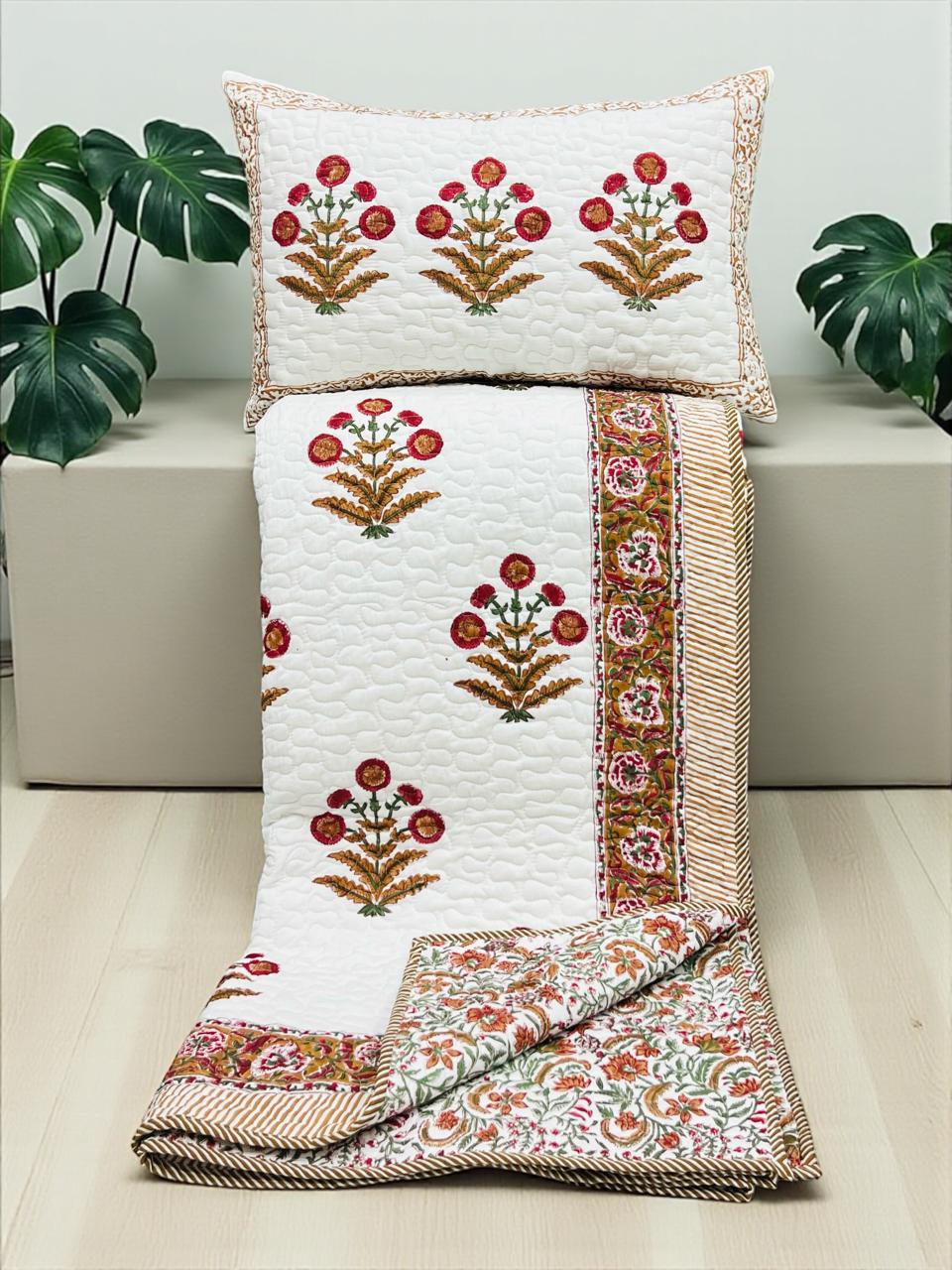 Pure mulmul cotton paani jaal quilted hand-block printed double bedcover with 2 quilted pillow covers (90x108 inches)