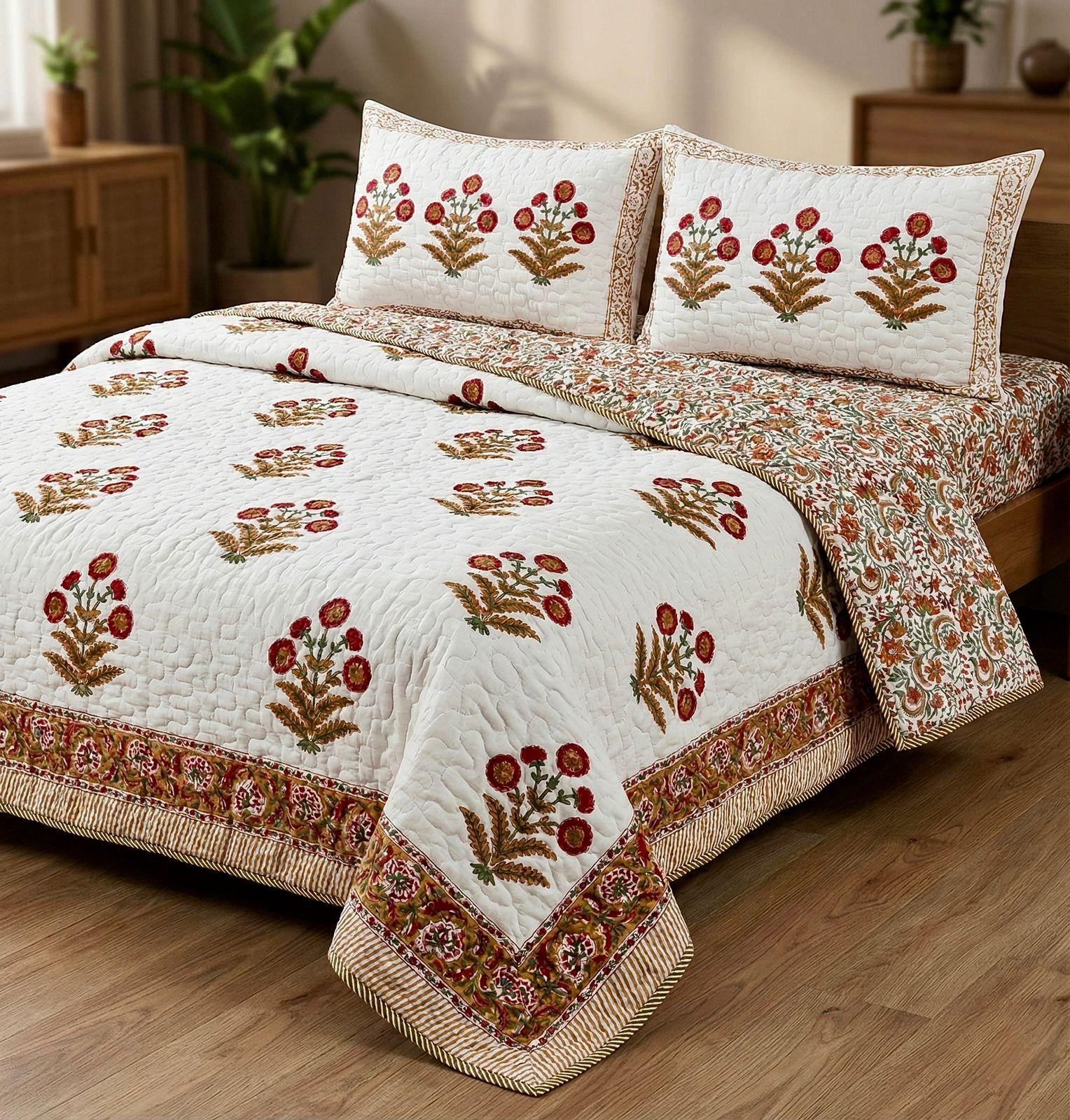 Pure mulmul cotton paani jaal quilted hand-block printed double bedcover with 2 quilted pillow covers (90x108 inches)