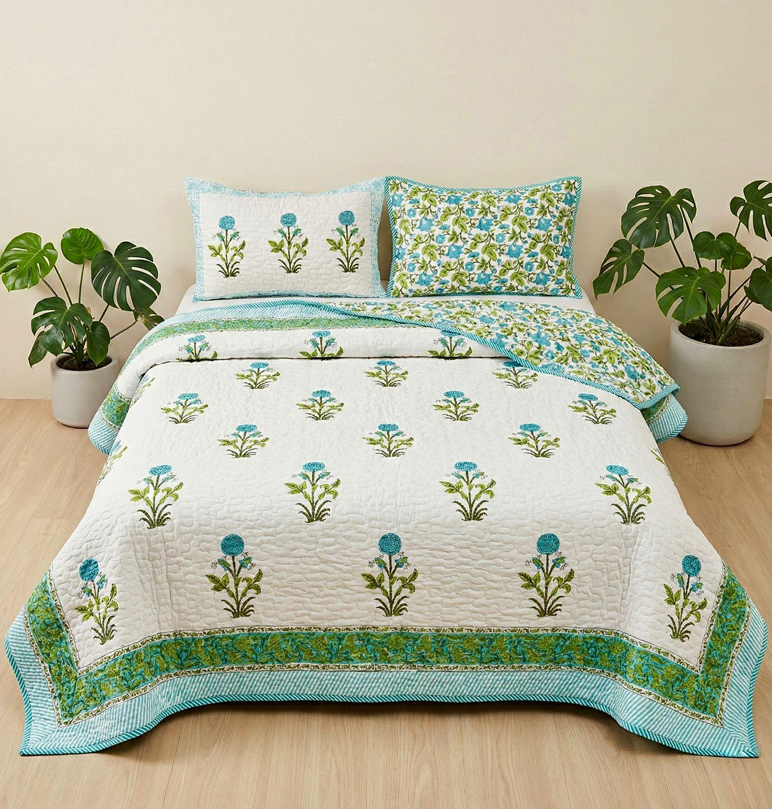 Pure mulmul cotton paani jaal quilted hand-block printed double bedcover with 2 quilted pillow covers (90x108 inches)