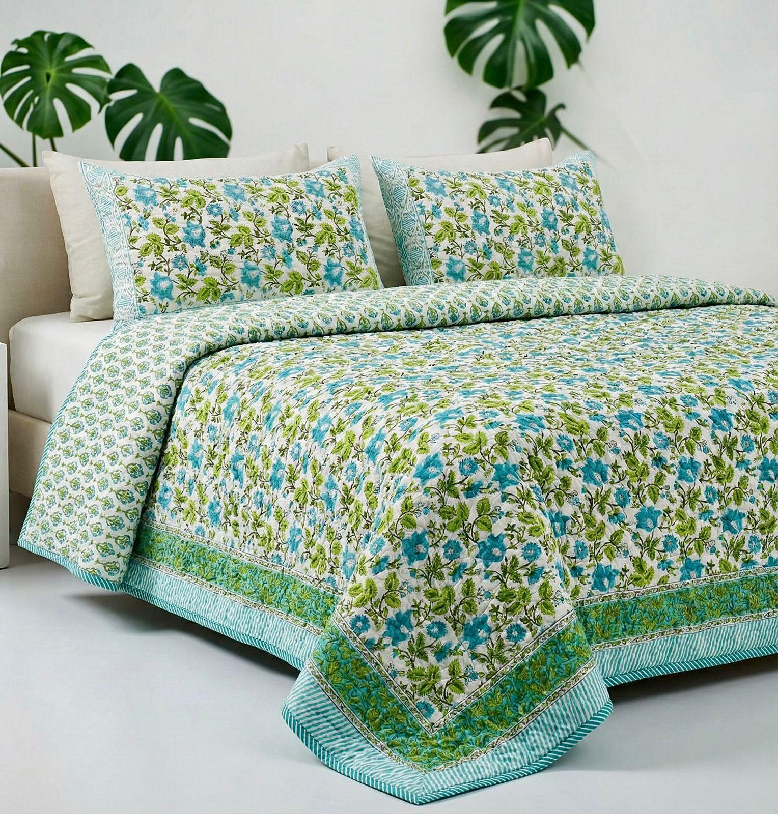 Pure mulmul cotton paani jaal quilted hand-block printed double bedcover with 2 quilted pillow covers (90x108 inches)