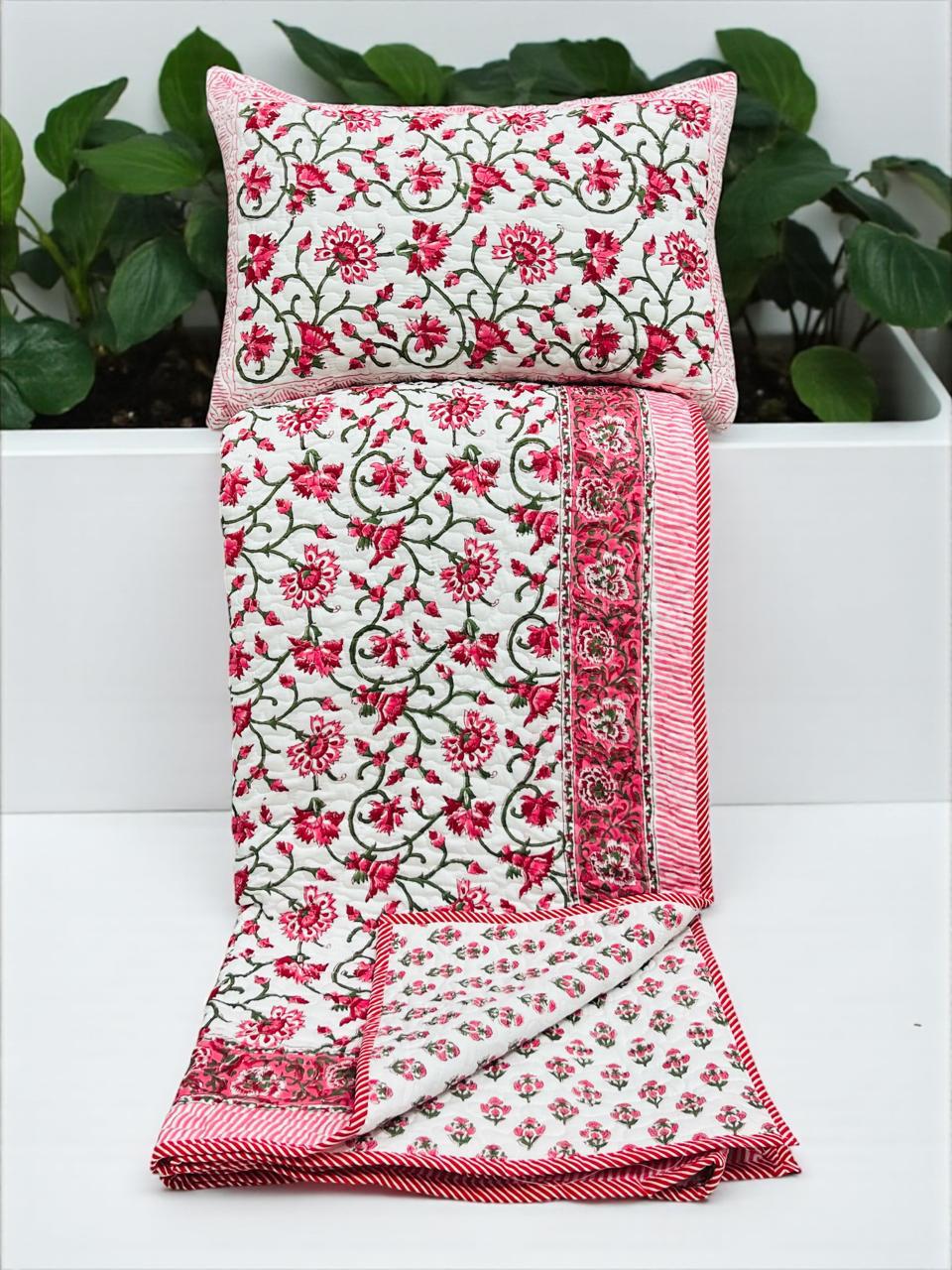 Pure mulmul cotton paani jaal quilted hand-block printed double bedcover with 2 quilted pillow covers (90x108 inches)