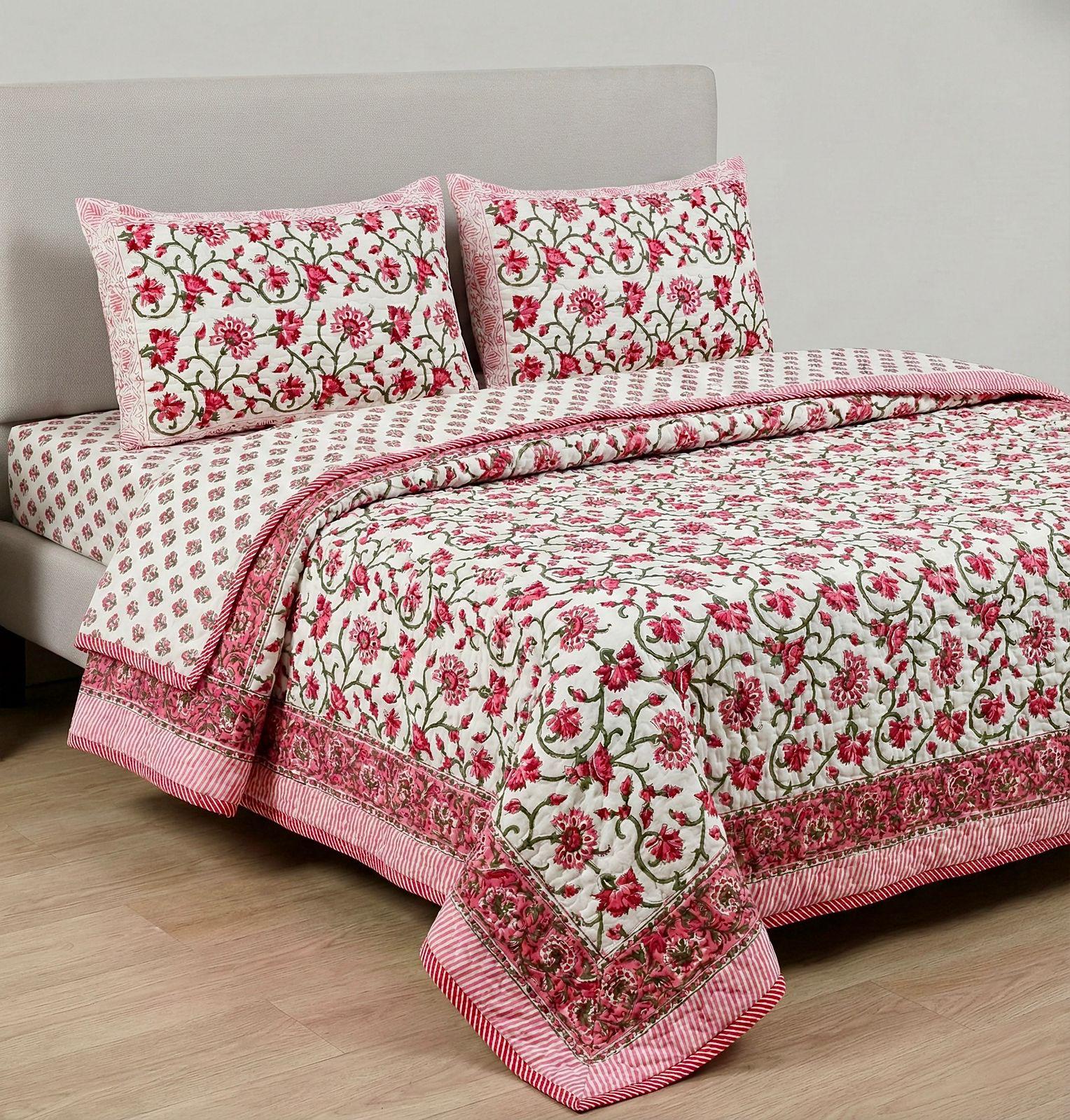 Pure mulmul cotton paani jaal quilted hand-block printed double bedcover with 2 quilted pillow covers (90x108 inches)