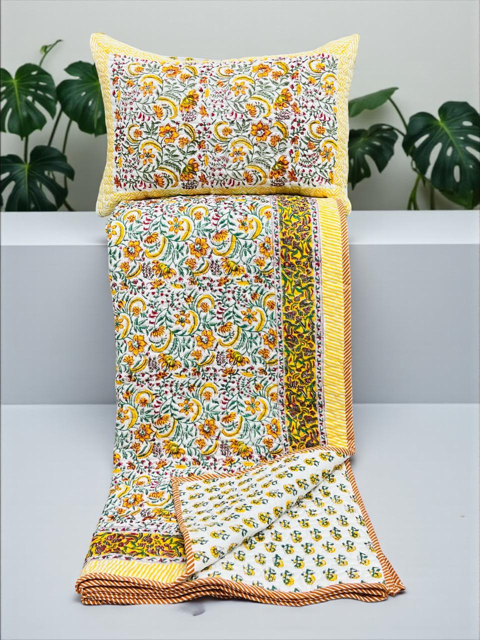Pure mulmul cotton paani jaal quilted hand-block printed double bedcover with 2 quilted pillow covers (90x108 inches)