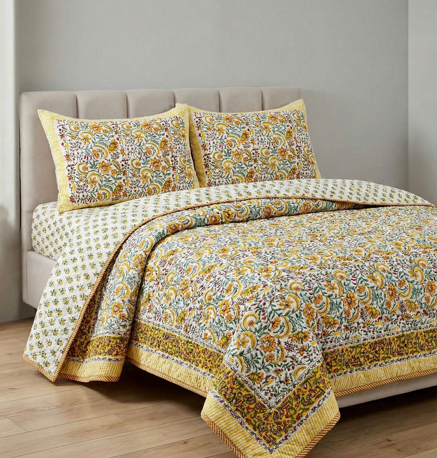 Pure mulmul cotton paani jaal quilted hand-block printed double bedcover with 2 quilted pillow covers (90x108 inches)