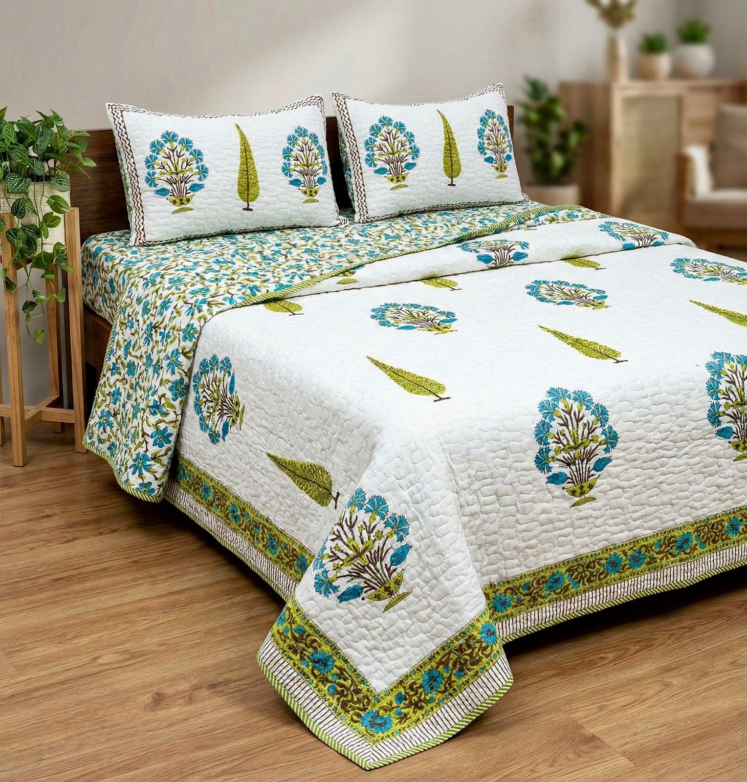 Pure mulmul cotton paani jaal quilted hand-block printed double bedcover with 2 quilted pillow covers (90x108 inches)