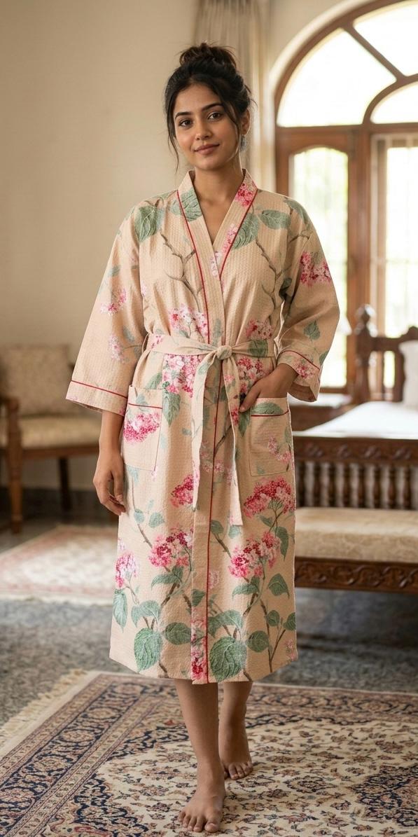 Pure cotton waffled textured bathrobe - free size