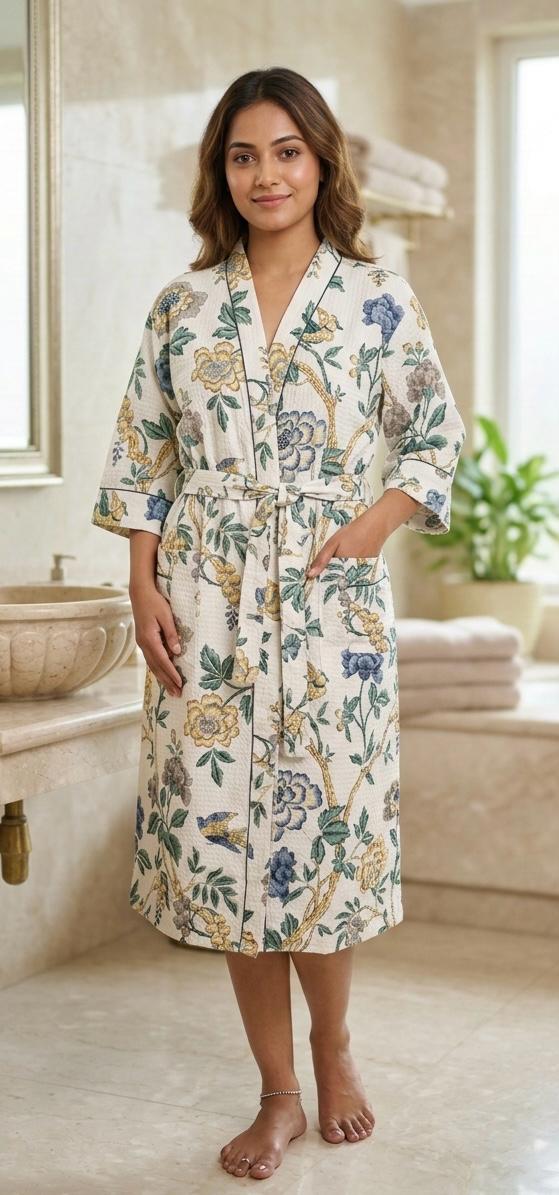 Pure cotton waffled textured bathrobe - free size
