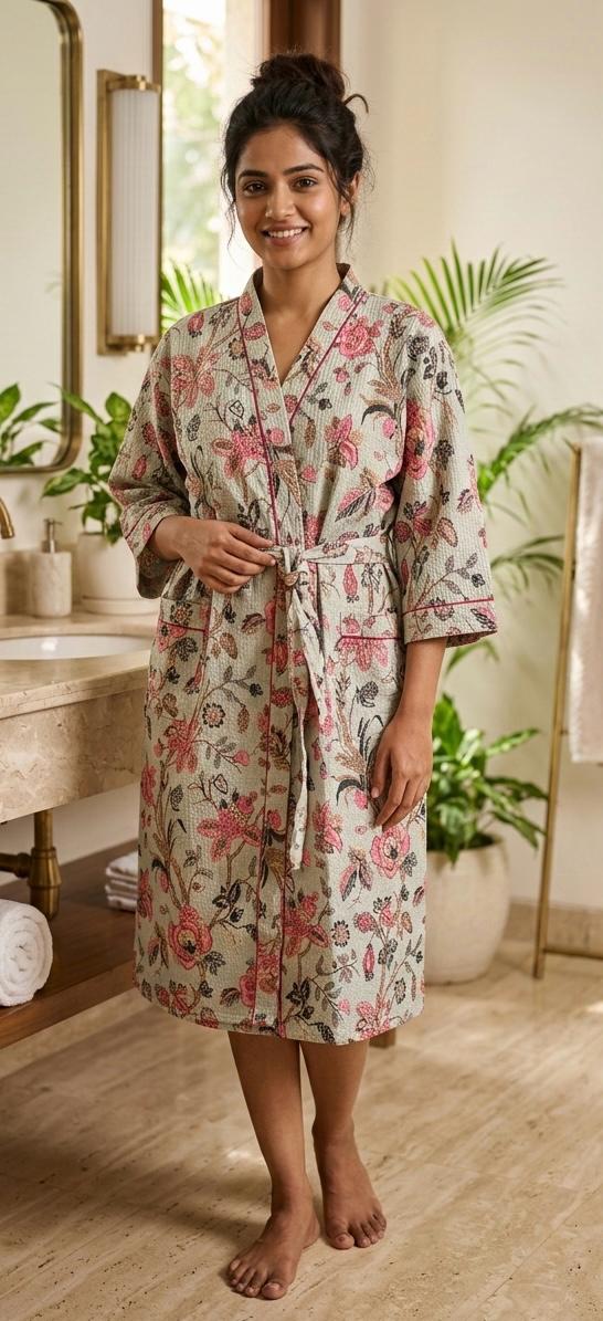 Pure cotton waffled textured bathrobe - free size
