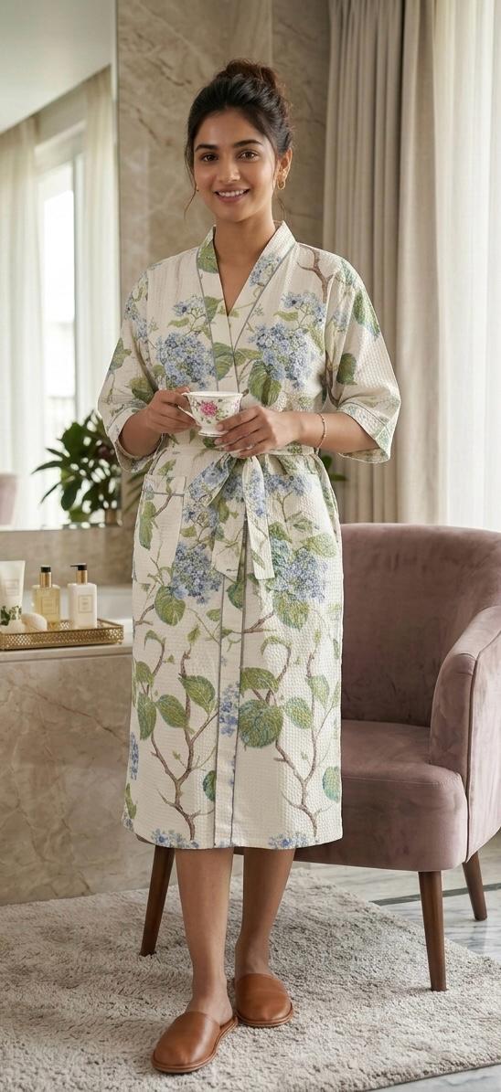 Pure cotton waffled textured bathrobe - free size
