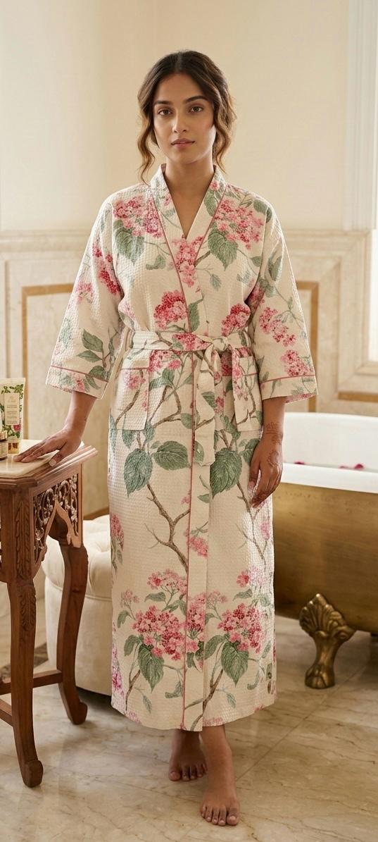 Pure cotton waffled textured bathrobe - free size